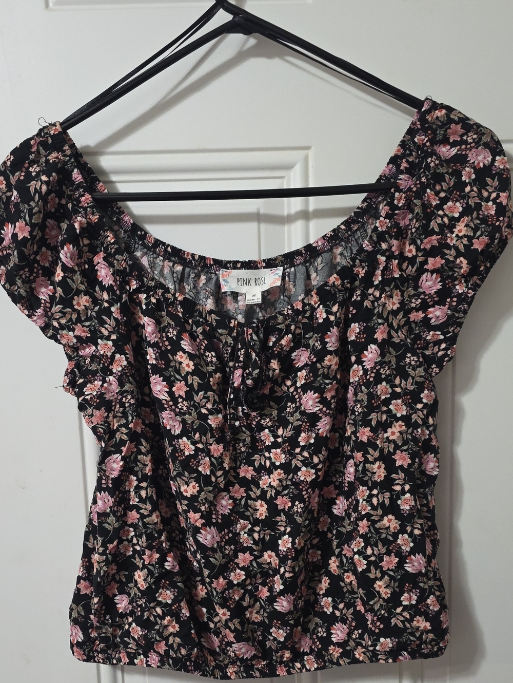 Pink Rose Black Floral Scoop-Neck Blouse with Pink Blooms